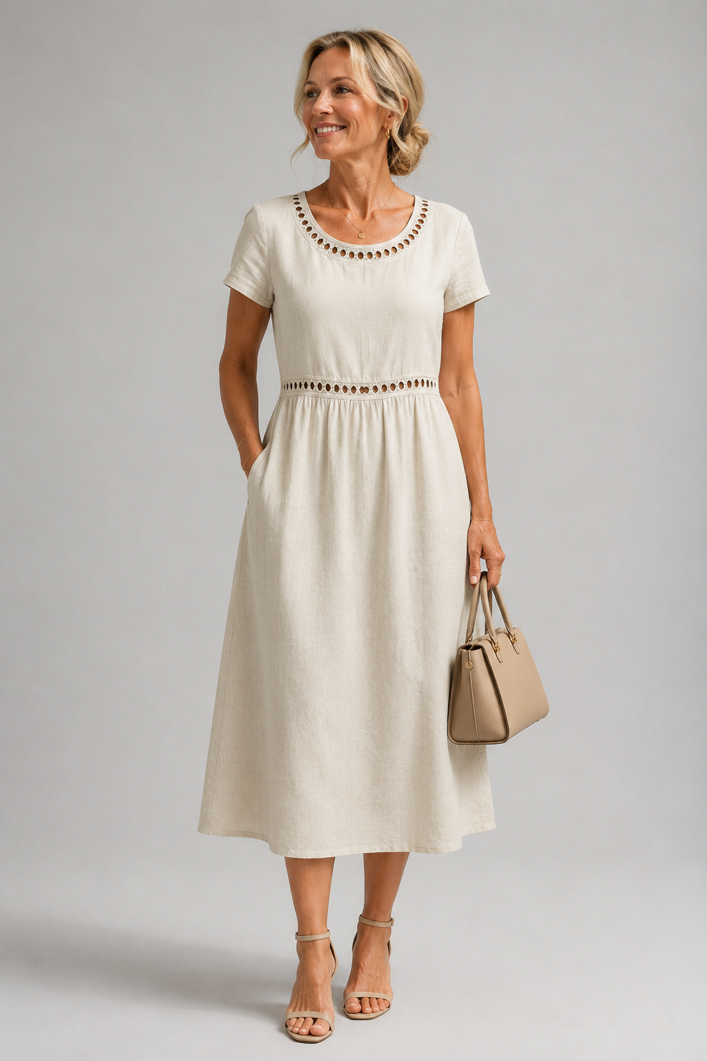 Noor™ Abito Midi in Puro Cotone con Ricamo Raffinato
