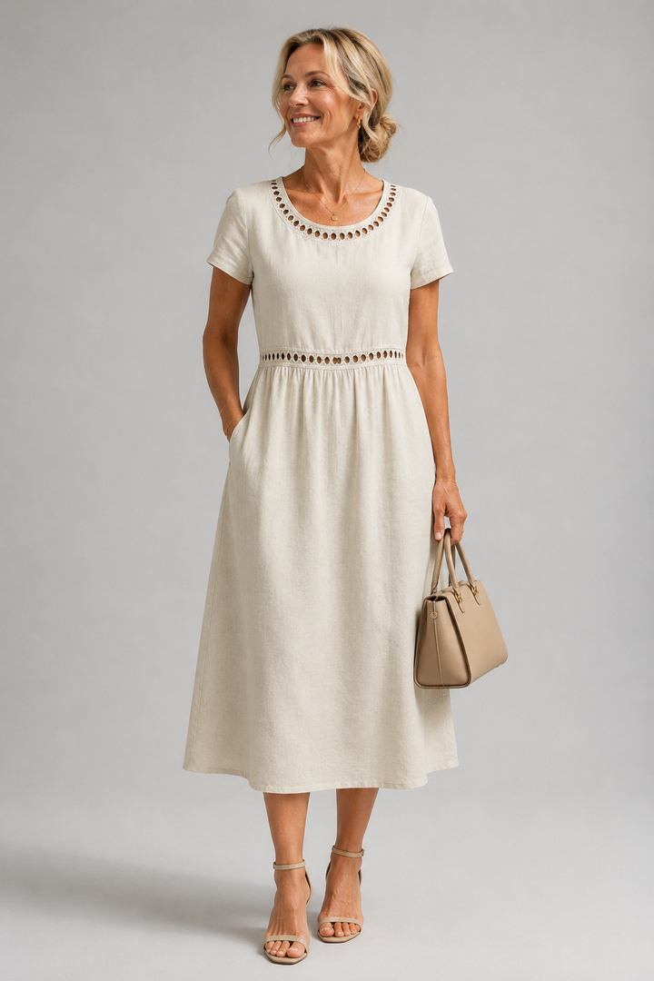 Noor™ Abito Midi in Puro Cotone con Ricamo Raffinato