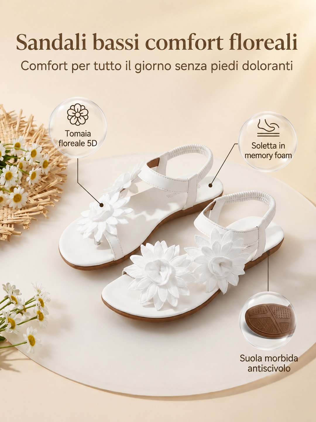 Floréa | Sandali con Fiori Ricamati e Soletta Ortopedica